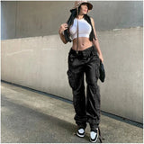 DERMEARNE Autumn/Winter New Womens Cargo Straight Trousers High Waist Loose Wide Leg Vintage Dad Jeans for Women