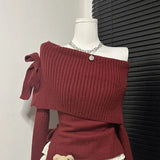 DERMEARNE Autumn Winter Solid Sexy Skirt Set Women Korean Fashion Slash Neck Vintage Elegant Bow Sweater A-line Cake Skirts Two-Piece Sets