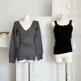 DERMEARNE Autumn Winter Woman Gyaru Coquette V-neck French Vintage Sweater Long Sleeve Pullovers Knitwears 2000s Aesthetic Old Money Thick