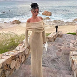 DERMEARNE Autumn Winter Women Knit Dress Elegant Long Sleeve Sheer Hollow Long Dress Sexy Off Shoulder One-line Collar Party Dress