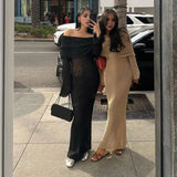 DERMEARNE Autumn Winter Women Knit Dress Elegant Long Sleeve Sheer Hollow Long Dress Sexy Off Shoulder One-line Collar Party Dress