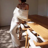 DERMEARNE Autumn Winter Women Knit Dress Elegant Long Sleeve Sheer Hollow Long Dress Sexy Off Shoulder One-line Collar Party Dress