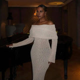 DERMEARNE Autumn Winter Women Knit Dress Elegant Long Sleeve Sheer Hollow Long Dress Sexy Off Shoulder One-line Collar Party Dress