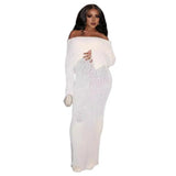 DERMEARNE Autumn Winter Women Knit Dress Elegant Long Sleeve Sheer Hollow Long Dress Sexy Off Shoulder One-line Collar Party Dress