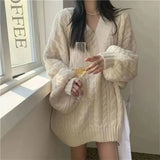 DERMEARNE Autumn Winter Women Sweater Harajuku Oversized Long Sleeve V Neck Knitted Pullover Korean Loose Solid Preppy All Match Jumper