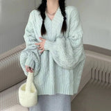 DERMEARNE Autumn Winter Women Sweater Harajuku Oversized Long Sleeve V Neck Knitted Pullover Korean Loose Solid Preppy All Match Jumper