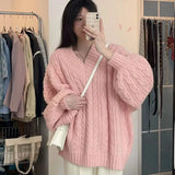 DERMEARNE Autumn Winter Women Sweater Harajuku Oversized Long Sleeve V Neck Knitted Pullover Korean Loose Solid Preppy All Match Jumper