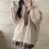 DERMEARNE Autumn Winter Women Sweater Harajuku Oversized Long Sleeve V Neck Knitted Pullover Korean Loose Solid Preppy All Match Jumper