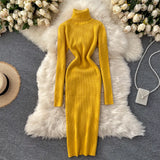 DERMEARNE Autumn Winter Women Turtleneck Knitted Dresses Elegant Solid Bodycon Long Sleeve Sweater Dress Spring Office Lady Sexy Dresses