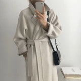 DERMEARNE Autumn Winter Woolen Coat Women Fashion with Belt Turn Down Collar Warm Overcoat Vintage Brown Long Woolen Jacket Woman