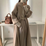 DERMEARNE Autumn Winter Woolen Coat Women Fashion with Belt Turn Down Collar Warm Overcoat Vintage Brown Long Woolen Jacket Woman