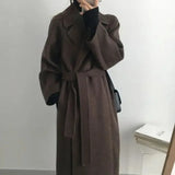 DERMEARNE Autumn Winter Woolen Coat Women Fashion with Belt Turn Down Collar Warm Overcoat Vintage Brown Long Woolen Jacket Woman