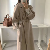 DERMEARNE Autumn Winter Woolen Coat Women Fashion with Belt Turn Down Collar Warm Overcoat Vintage Brown Long Woolen Jacket Woman