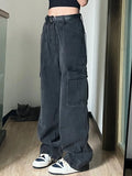 DERMEARNE Autumn Women Harajuku Cargo Baggy Blue Jeans Streetwear Hip Hop Oversize Casual Wide Leg Vintage Demin Pants Y2k Loose Trousers