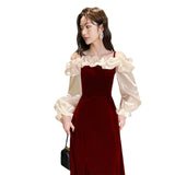 DERMEARNE Autumn Women Red Velvet Dresses 2025 Korean Y2K Long Sleeves Elegant Wedding Split Dress Festival Retro Luxury Party Vestidos
