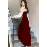 DERMEARNE Autumn Women Red Velvet Dresses 2025 Korean Y2K Long Sleeves Elegant Wedding Split Dress Festival Retro Luxury Party Vestidos