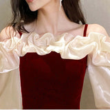 DERMEARNE Autumn Women Red Velvet Dresses 2025 Korean Y2K Long Sleeves Elegant Wedding Split Dress Festival Retro Luxury Party Vestidos