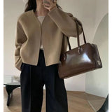 DERMEARNE Autumn and Winter Fashion Korean Edition High End V-neck Short Woolen Loose and Versatile Western Style Slimming Women's Coat