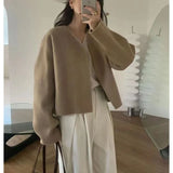 DERMEARNE Autumn and Winter Fashion Korean Edition High End V-neck Short Woolen Loose and Versatile Western Style Slimming Women's Coat