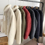 DERMEARNE Autumn and Winter Japanese Men's and Women's Fleece Stand Neck Jacket Couple Zipper Loose Warm Lamb Wool Coat Solid Color Jacket