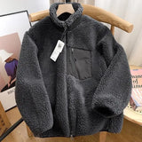 DERMEARNE Autumn and Winter Japanese Men's and Women's Fleece Stand Neck Jacket Couple Zipper Loose Warm Lamb Wool Coat Solid Color Jacket