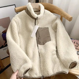 DERMEARNE Autumn and Winter Japanese Men's and Women's Fleece Stand Neck Jacket Couple Zipper Loose Warm Lamb Wool Coat Solid Color Jacket