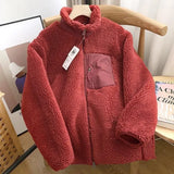 DERMEARNE Autumn and Winter Japanese Men's and Women's Fleece Stand Neck Jacket Couple Zipper Loose Warm Lamb Wool Coat Solid Color Jacket