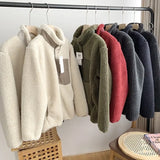 DERMEARNE Autumn and Winter Japanese Men's and Women's Fleece Stand Neck Jacket Couple Zipper Loose Warm Lamb Wool Coat Solid Color Jacket