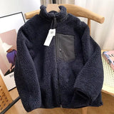 DERMEARNE Autumn and Winter Japanese Men's and Women's Fleece Stand Neck Jacket Couple Zipper Loose Warm Lamb Wool Coat Solid Color Jacket