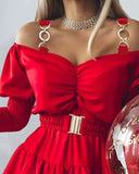 DERMEARNE BKLD 2025 New Solid Color Off The Shoulder Long Sleeves A-Line Short Dresses With Belt Clothes For Women Summer Dress Party