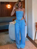 DERMEARNE BKQU Sequins Denim Two Piece Pants Set Women Sexy Strapless Zipper Corset Tank Tops and Wide Leg Jeans Luxury Party Club Outfits