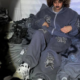 DERMEARNE Bear Pattern Embroidered Hoodie Sweatpant Two Piece Set Couple Fashion Street Hip Hop Hoodie Zipper Sweatshirt Pants Tracksuit