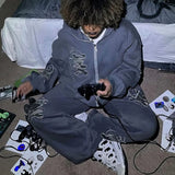 DERMEARNE Bear Pattern Embroidered Hoodie Sweatpant Two Piece Set Couple Fashion Street Hip Hop Hoodie Zipper Sweatshirt Pants Tracksuit