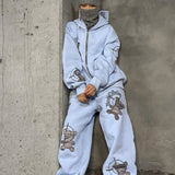 DERMEARNE Bear Pattern Embroidered Hoodie Sweatpant Two Piece Set Couple Fashion Street Hip Hop Hoodie Zipper Sweatshirt Pants Tracksuit
