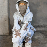 DERMEARNE Bear Pattern Embroidered Hoodie Sweatpant Two Piece Set Couple Fashion Street Hip Hop Hoodie Zipper Sweatshirt Pants Tracksuit