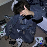 DERMEARNE Bear Pattern Embroidered Hoodie Sweatpant Two Piece Set Couple Fashion Street Hip Hop Hoodie Zipper Sweatshirt Pants Tracksuit