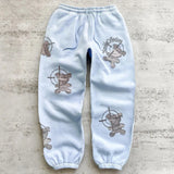 DERMEARNE Bear Pattern Embroidered Hoodie Sweatpant Two Piece Set Couple Fashion Street Hip Hop Hoodie Zipper Sweatshirt Pants Tracksuit