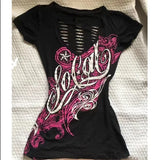 DERMEARNE Black Letter Goth Sexy Gothic Graphic T-shirt Vintage Women's 90s Clothes Y2k Crop Top Streetwear Tshirts Subculture Tees Punk