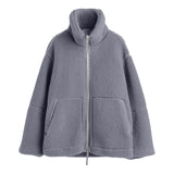 DERMEARNE Black Oversize Casual Double Zip Stand Collar Sweatshirts Autumn Winter Warm Wool Lamb Outwears Coat Fuzzy Fleece Jacket Pockets