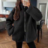 DERMEARNE Black Oversize Casual Double Zip Stand Collar Sweatshirts Autumn Winter Warm Wool Lamb Outwears Coat Fuzzy Fleece Jacket Pockets