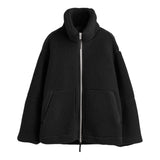 DERMEARNE Black Oversize Casual Double Zip Stand Collar Sweatshirts Autumn Winter Warm Wool Lamb Outwears Coat Fuzzy Fleece Jacket Pockets