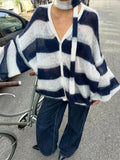 DERMEARNE Black White Stripe With Scarf Knitted Cardigan Women Casual V Neck Long Lantern Sleeve Sweater 2024 Autumn Lady Elegant Knitwear
