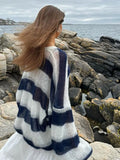 DERMEARNE Black White Stripe With Scarf Knitted Cardigan Women Casual V Neck Long Lantern Sleeve Sweater 2024 Autumn Lady Elegant Knitwear