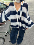 DERMEARNE Black White Stripe With Scarf Knitted Cardigan Women Casual V Neck Long Lantern Sleeve Sweater 2024 Autumn Lady Elegant Knitwear