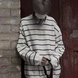 DERMEARNE Black White Striped Casual O-neck Sweater Men Women Loose Fit Knitwear Pullovers Winter Japanese Vintage Knitted Pullover Tops