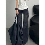 DERMEARNE Black Womens Jeans High Waist Vintage Straight Winter Denim Pants Street Multiple Pockets American Wide Leg Baggy Denim Trouser