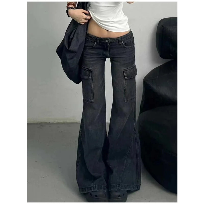 DERMEARNE Black Womens Jeans High Waist Vintage Straight Winter Denim Pants Street Multiple Pockets American Wide Leg Baggy Denim Trouser