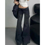 DERMEARNE Black Womens Jeans High Waist Vintage Straight Winter Denim Pants Street Multiple Pockets American Wide Leg Baggy Denim Trouser