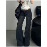 DERMEARNE Black Womens Jeans High Waist Vintage Straight Winter Denim Pants Street Multiple Pockets American Wide Leg Baggy Denim Trouser