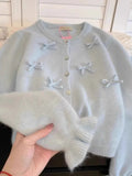 DERMEARNE Blue Mohair Bow Sweater Women's Spring Autumn Long Sleeved O-neck Short Knitted Cardigan Loose All-Matchend Korean Jacket